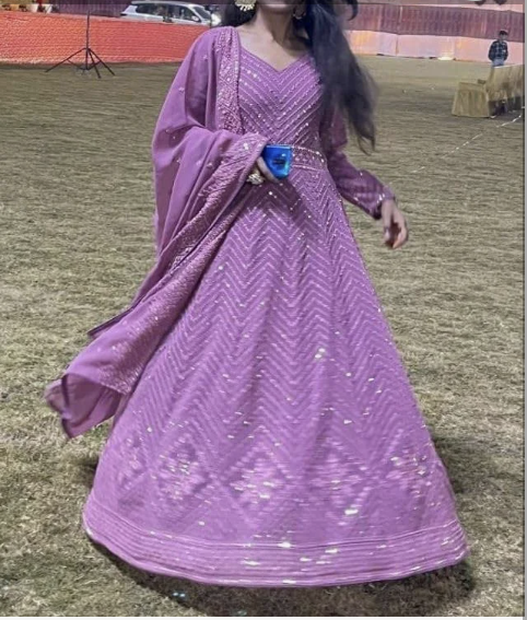 Omkar Textile's Light Purple Georgette Designer Gown with Dupatta Set (Ready to wear) for Wedding