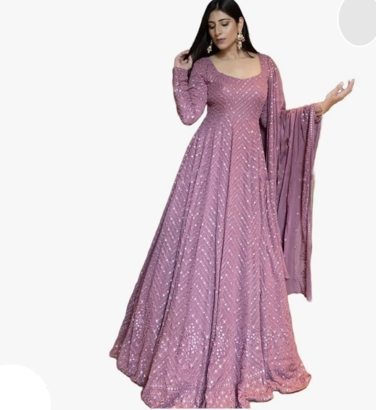 Omkar Textile's Light Purple Georgette Designer Gown with Dupatta Set (Ready to wear) for Wedding